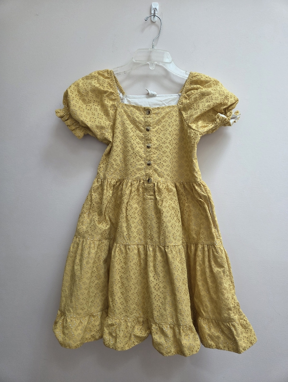 Kate Quinn Yellow Organic Cotton Eyelet Tiered Puff Sleeve Dress, Size 8